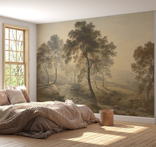 Large wall mural of a forest scene.