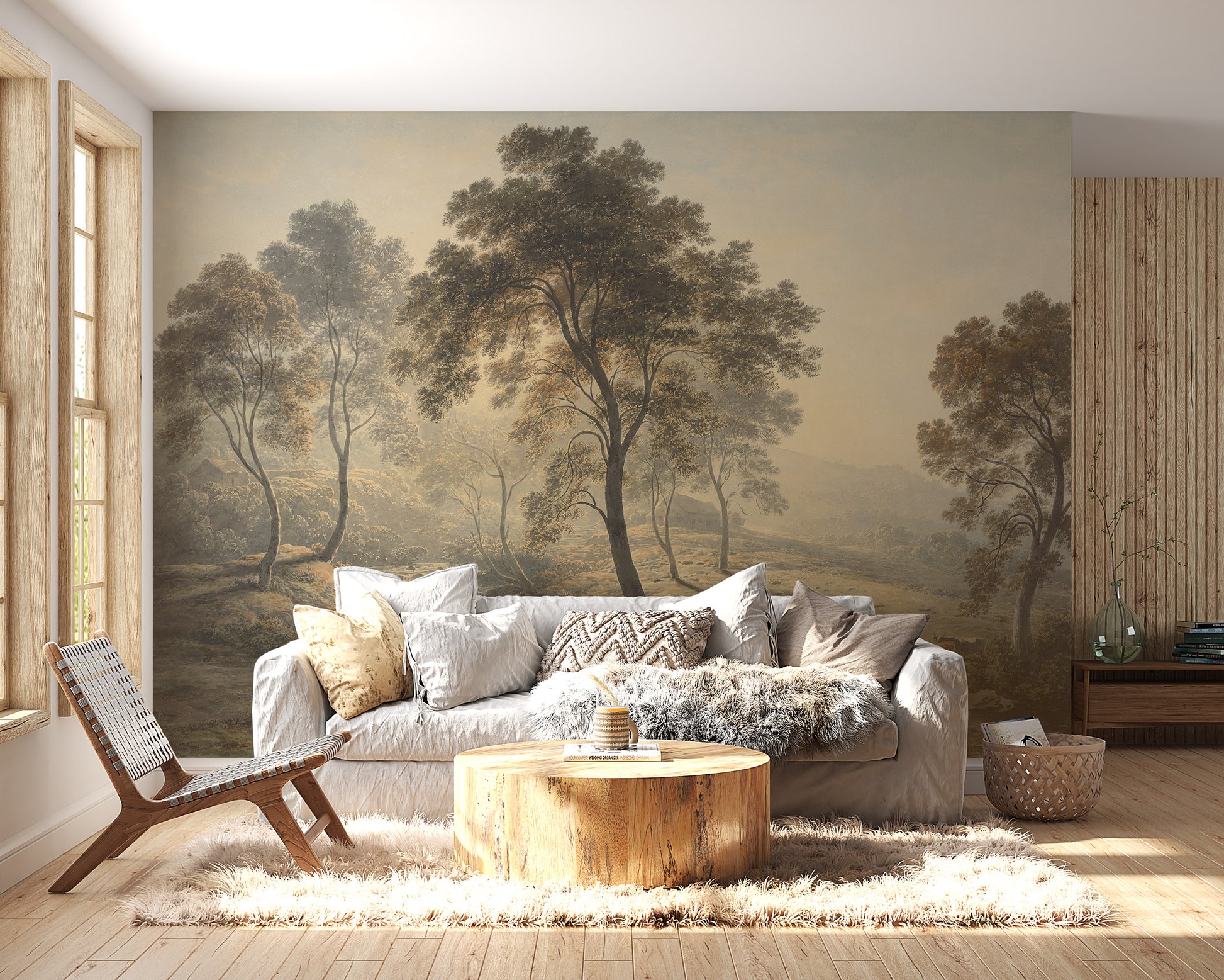 Living room with a large wall mural of a forest scene