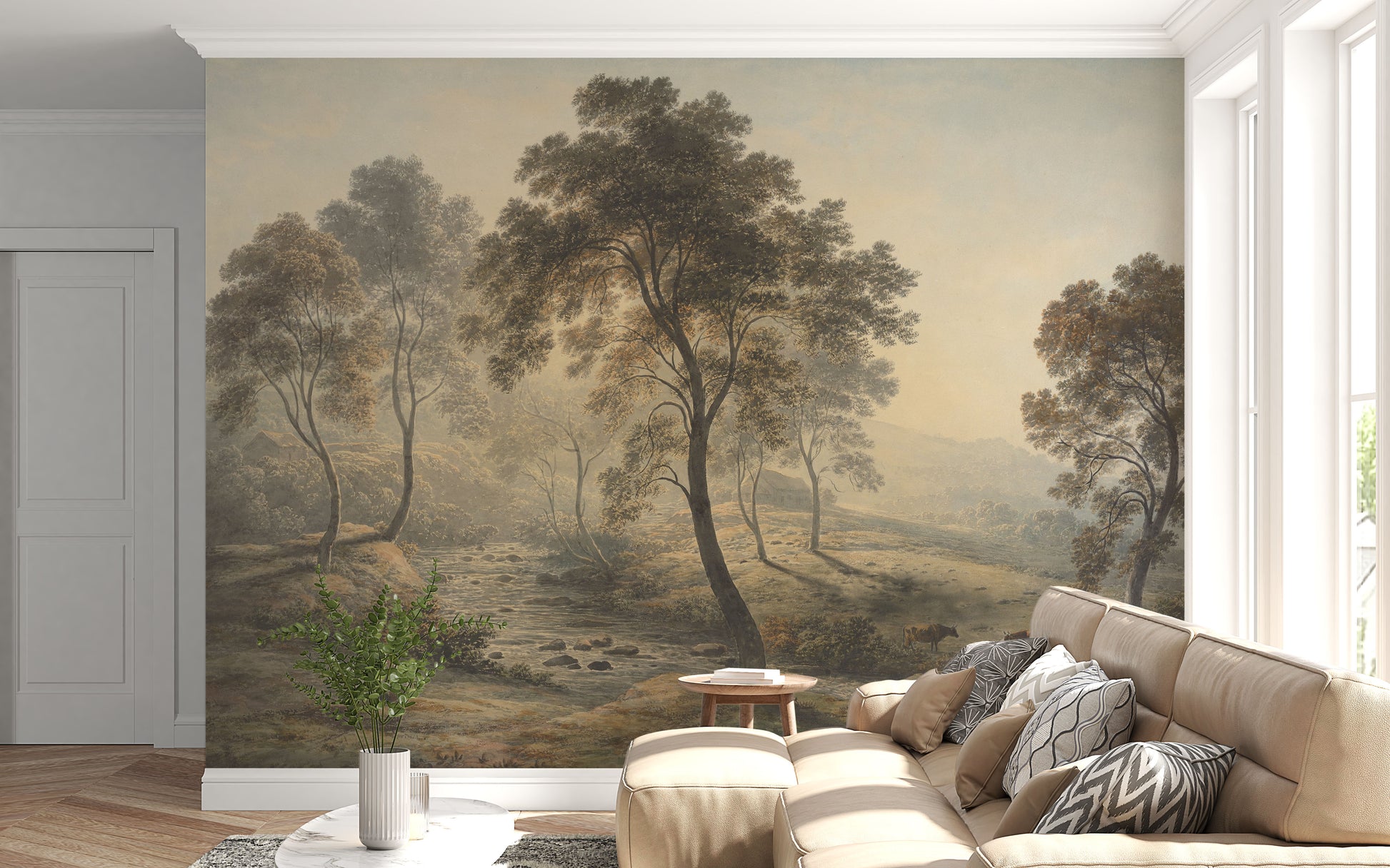 Living room with a large wall mural of a landscape featuring trees and a misty sky.