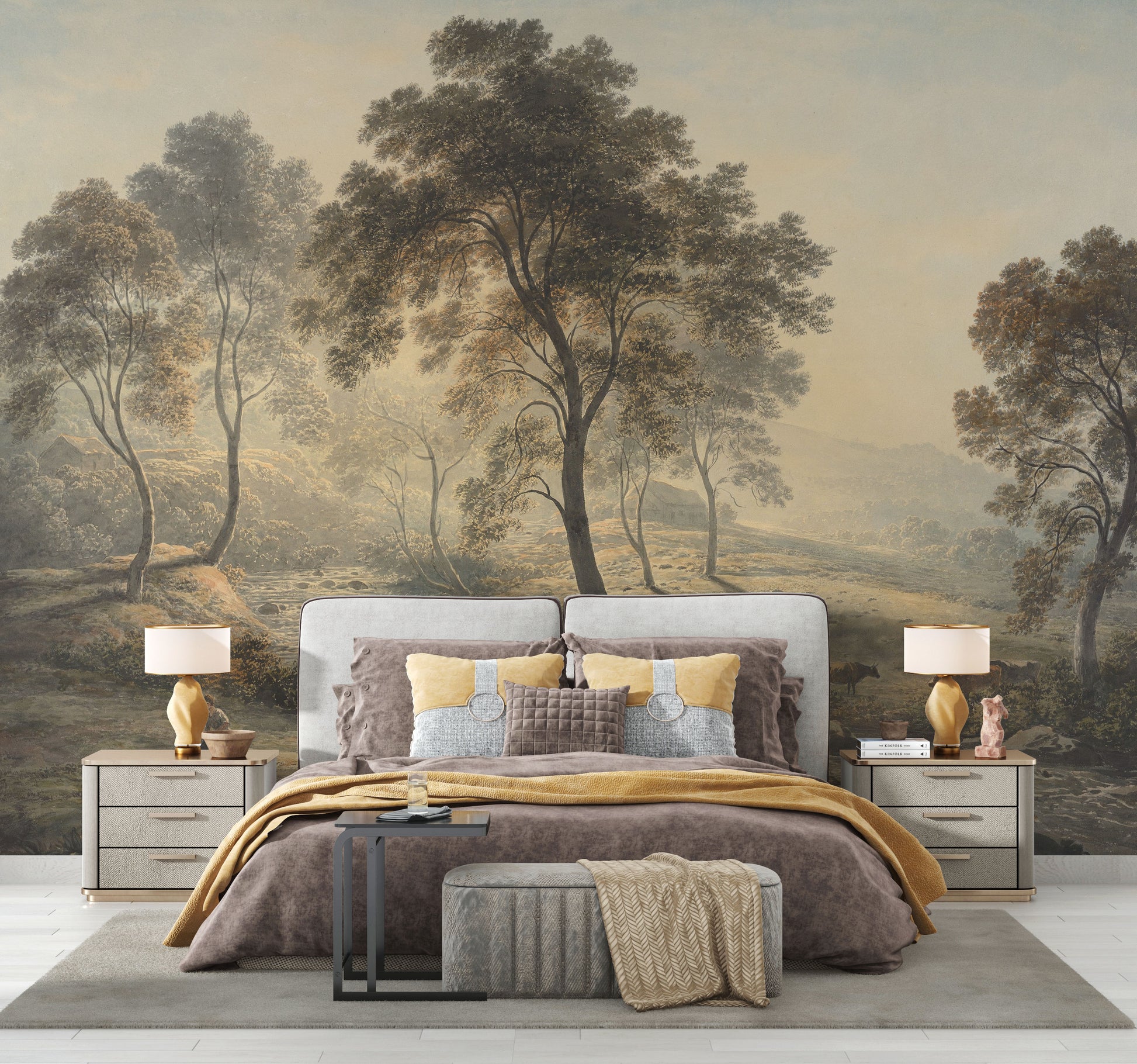 Bedroom with scenic wall mural