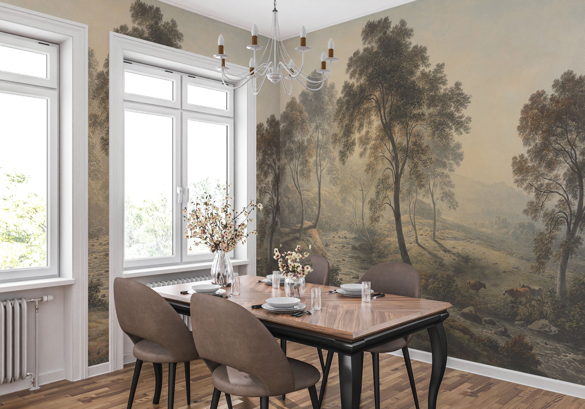 Dining room with a wall with scenic mural.