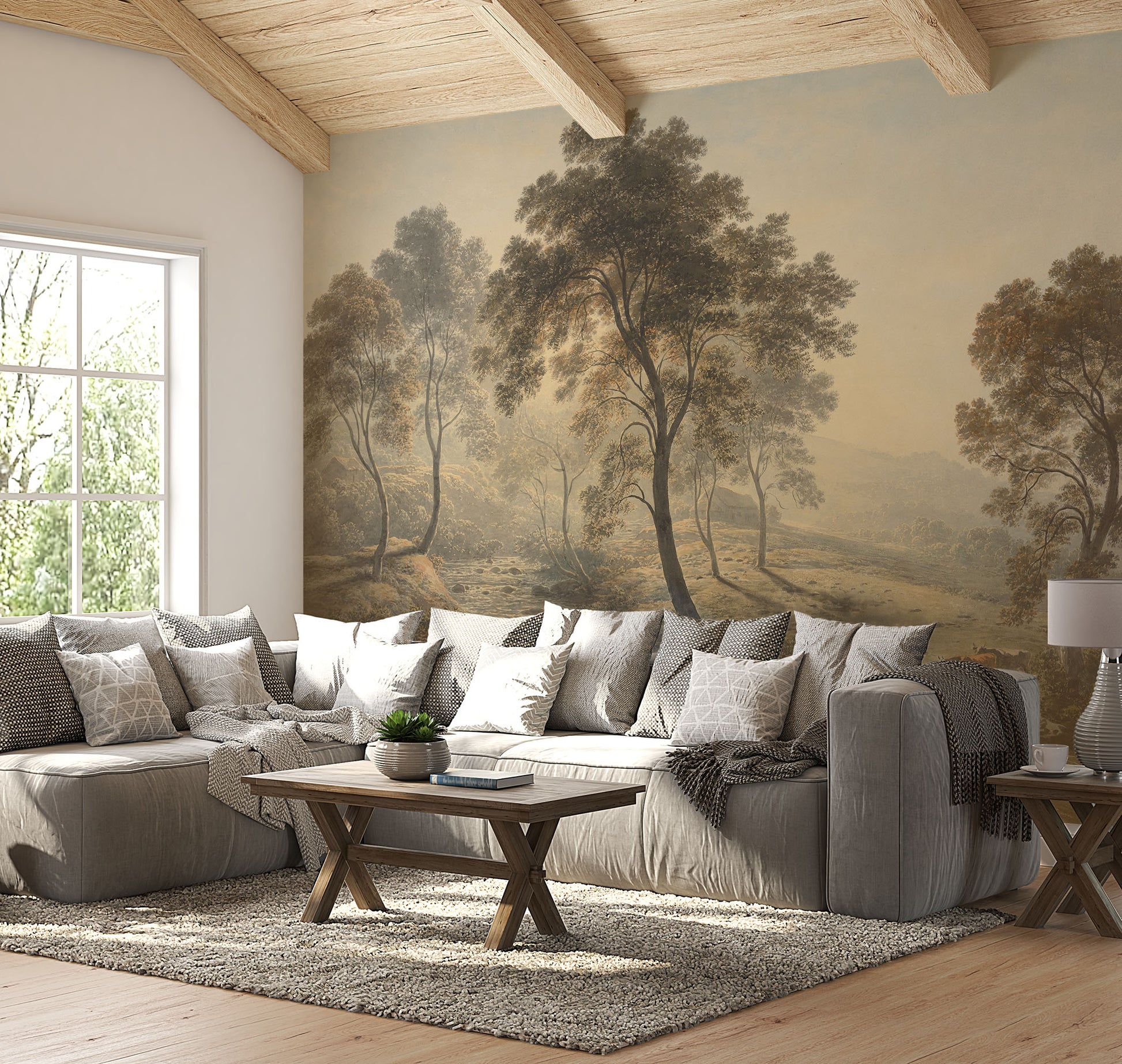 Living room with a wall mural of trees.