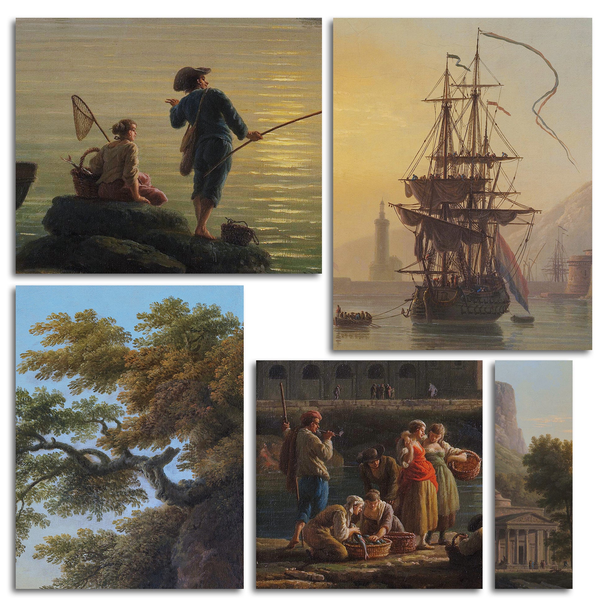 Collage of classical paintings including fishermen, a ship, and landscapes.