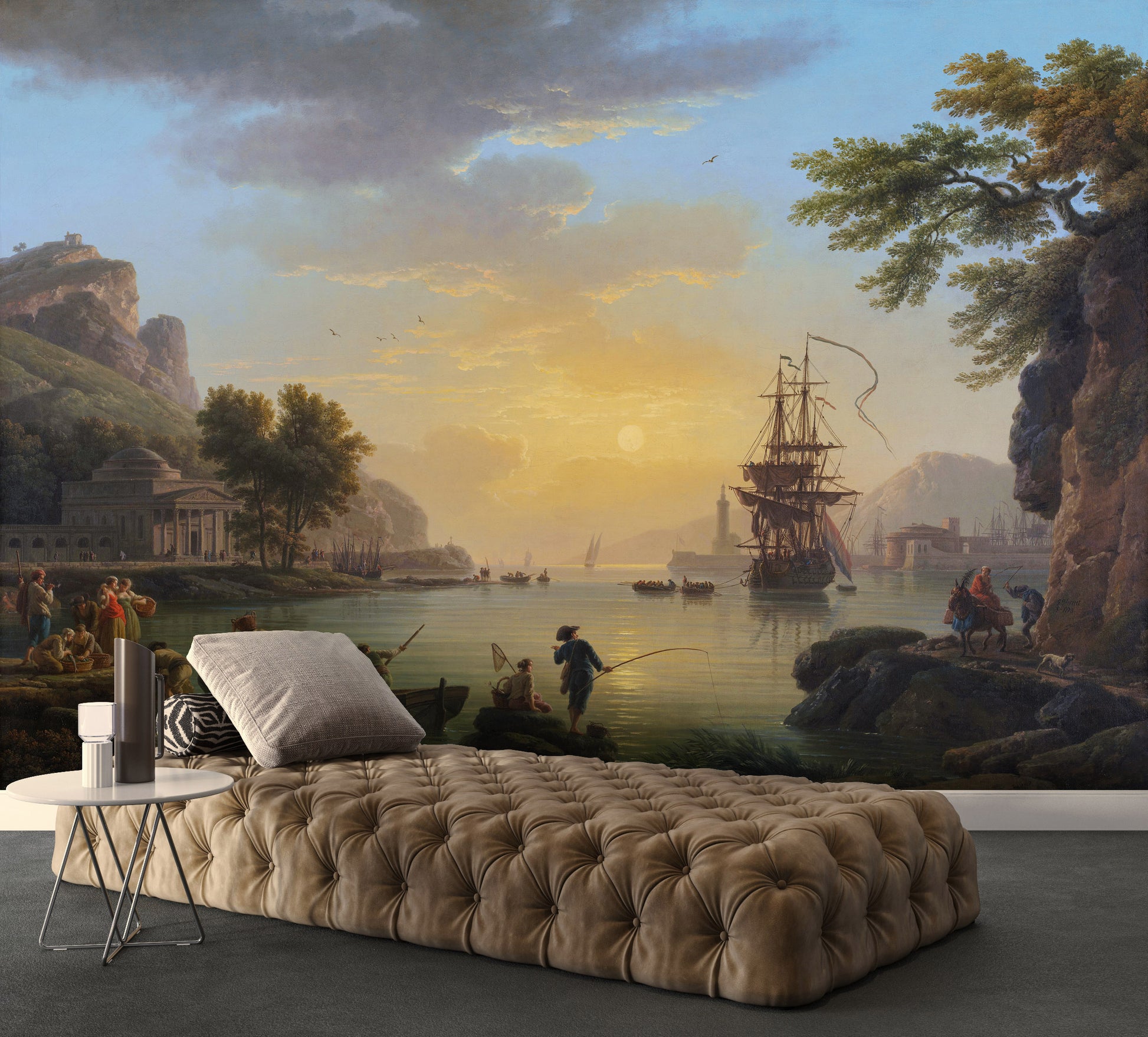 Room interior with a large wall mural of a scenic landscape featuring a ship and mountains.
