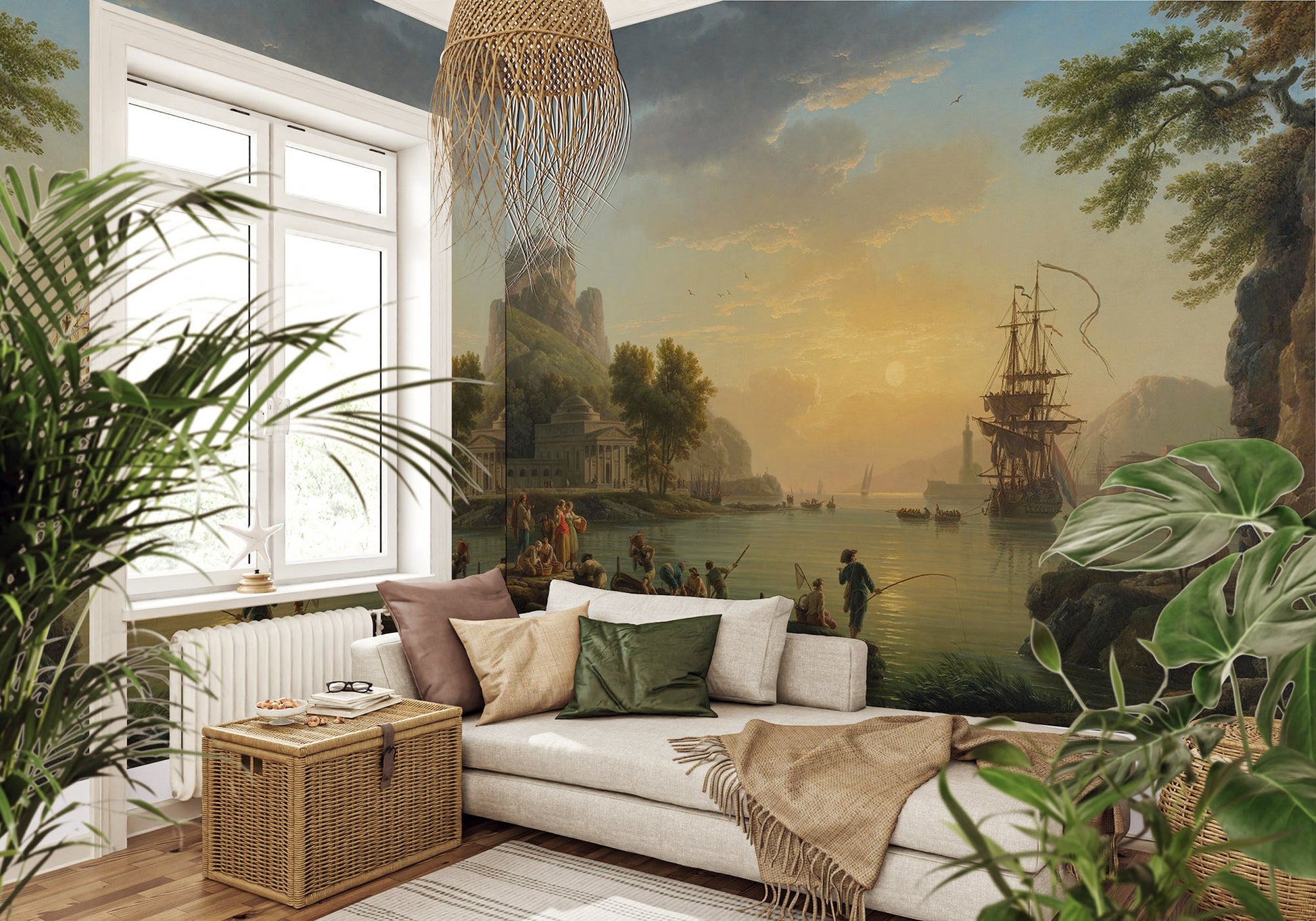 Living room with a large wall mural of a scenic landscape with a ship.