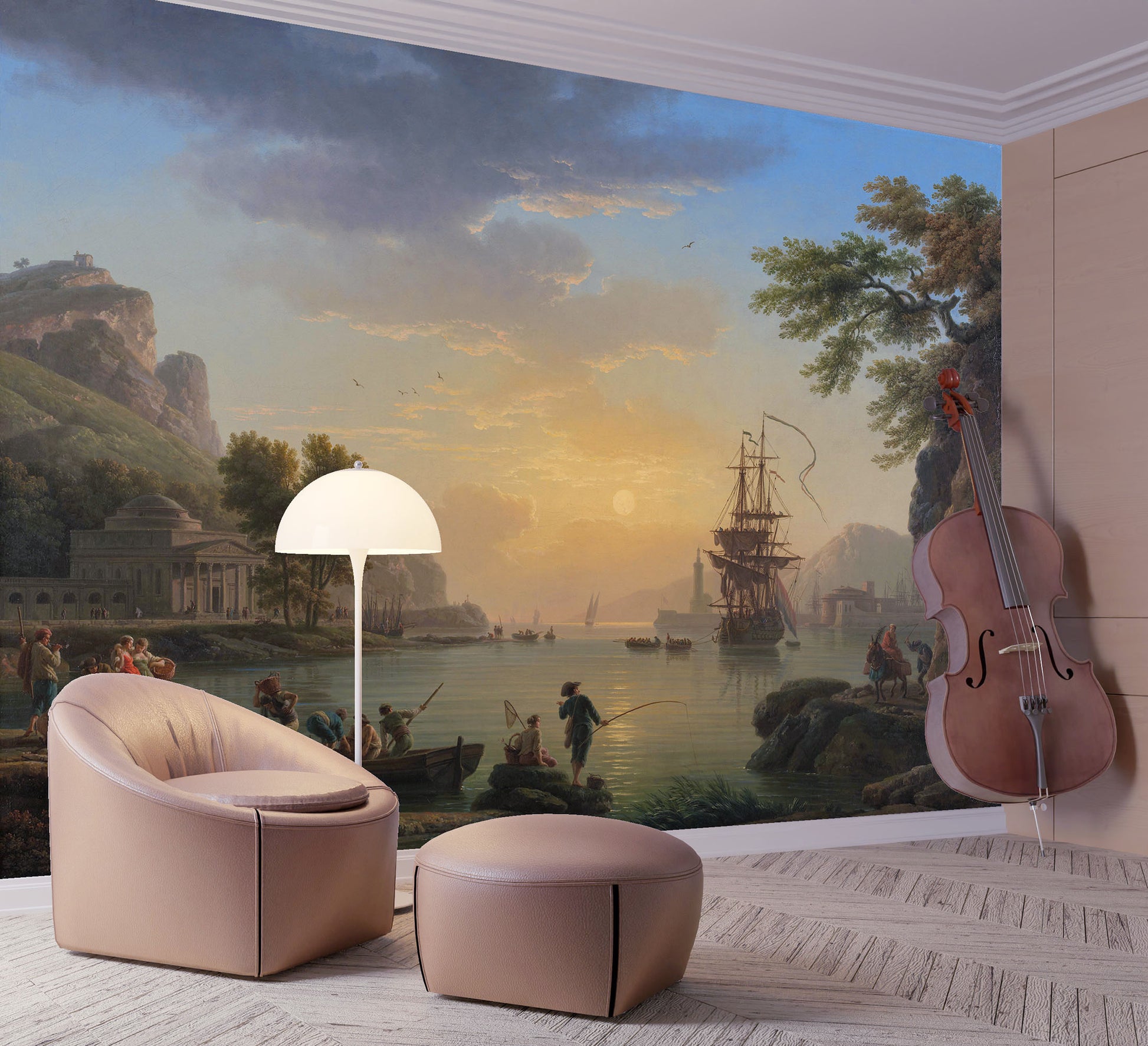 Room interior with classical painting of a coastal scene on the wall, featuring a ship and mountains.