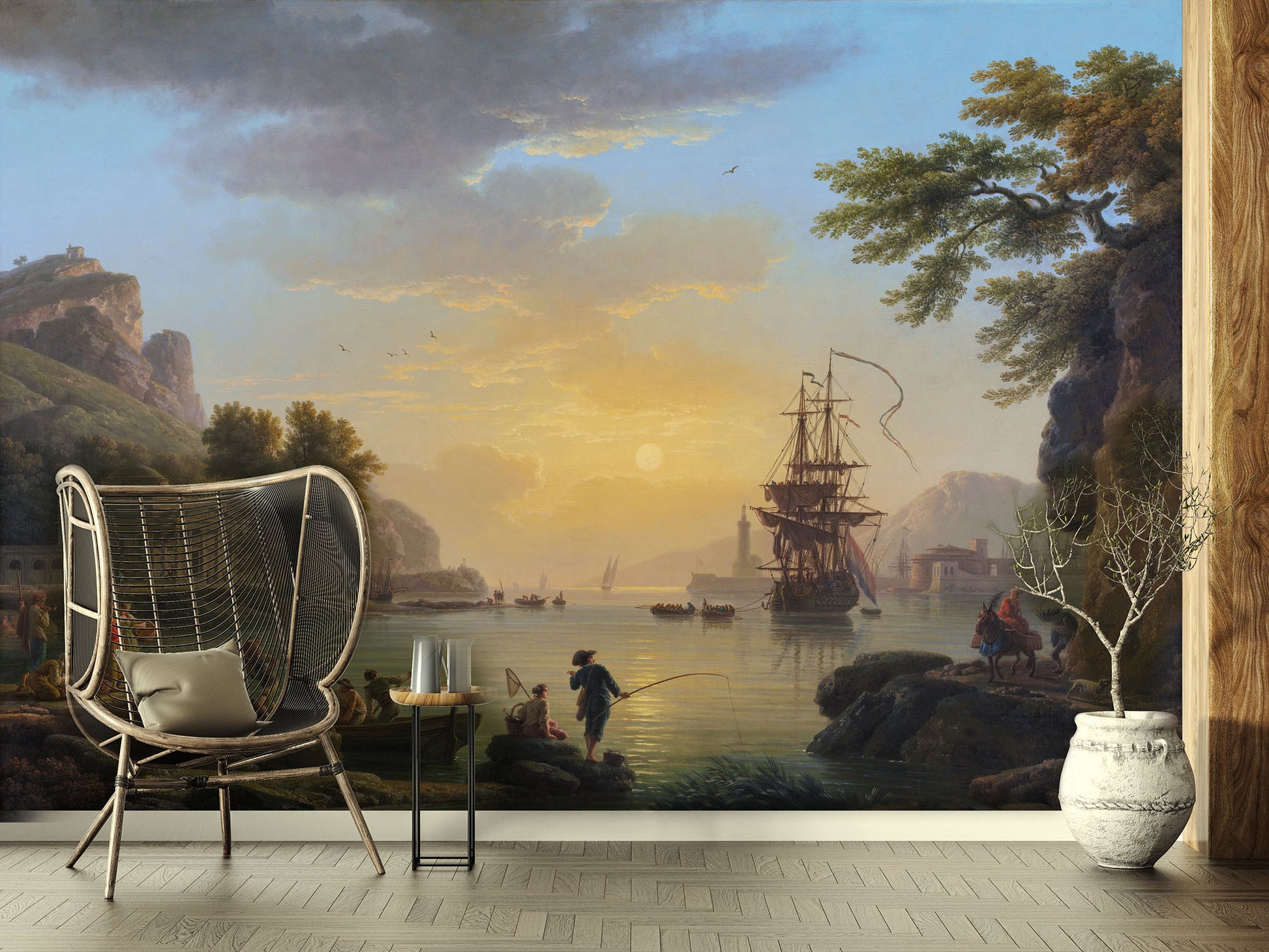 Room with a large wall mural of a scenic landscape with a ship, accompanied by modern furniture.