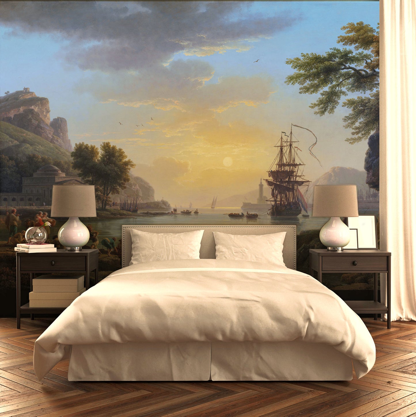 Classical Painting - Sunset Coast And Sailboat Wallpaper, Wall Mural, Tapestry (Restored Colors)