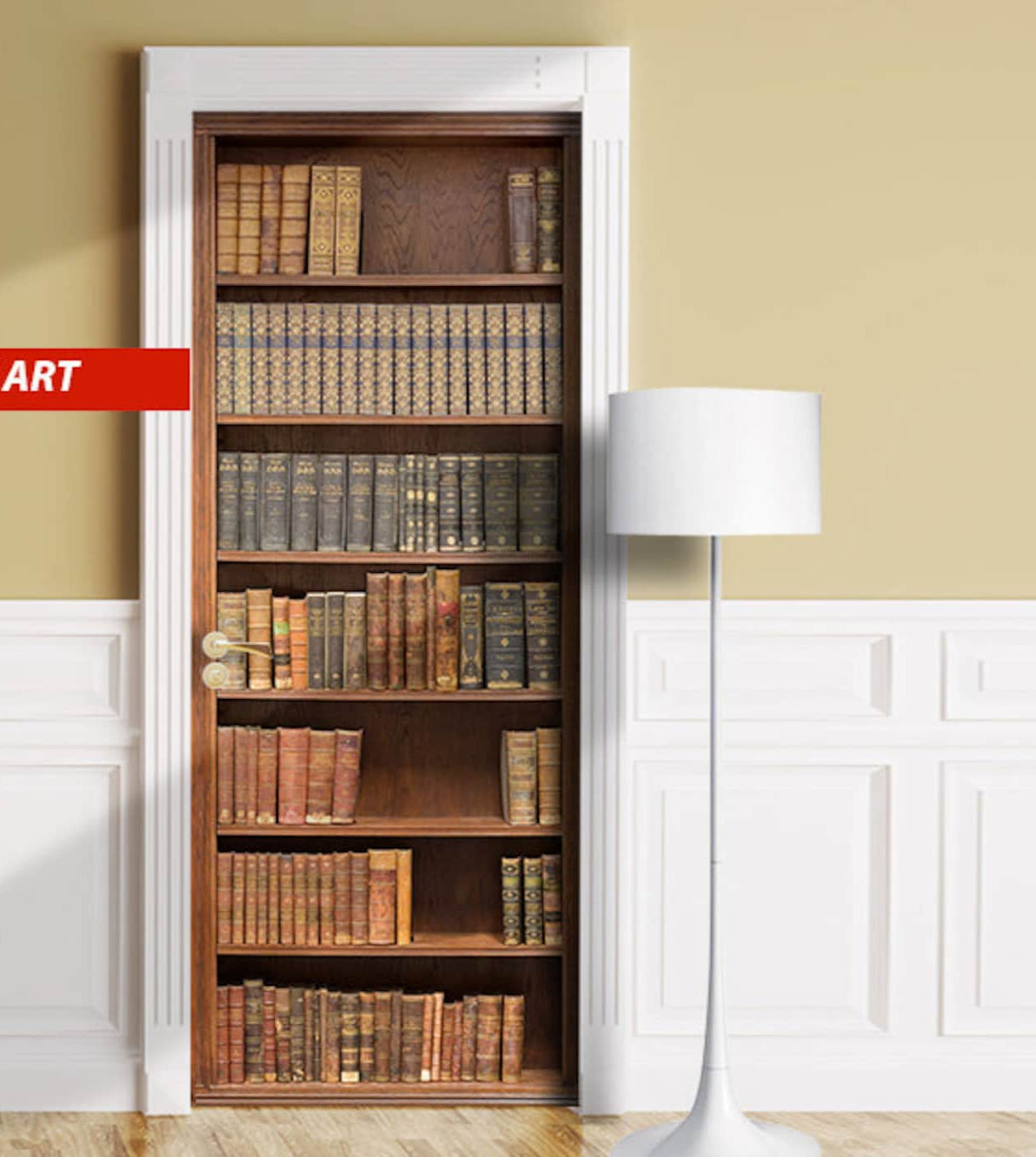 Fake bookshelvers door mural