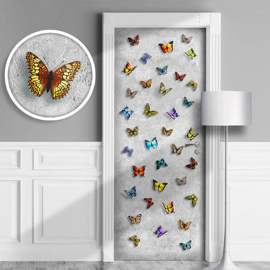 Butterflies on a Wall, Colorful Rainbow Wings door sticker mural. internal door wrap