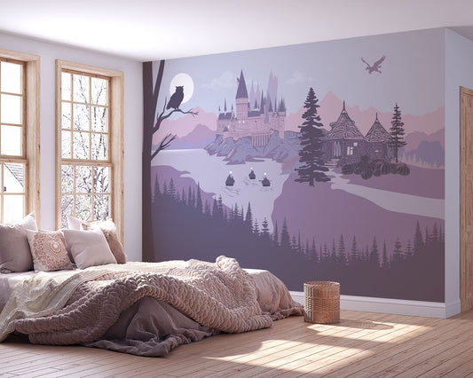 A wall mural depicting a castle in a lavender palette color scheme, designed for nursery or children's room decoration.
