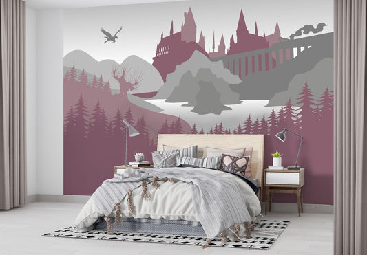 Peel And Stick Wallpaper Wizards Castle, Wall Mural. Decal, Tapestry. Mauve-grey palette