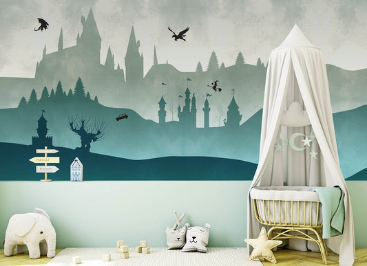 Full Wall Decals For Nursery - Teal Castle, Wallpaper. Self-adhesive Mural, Tapestry. Dark Teal Palette