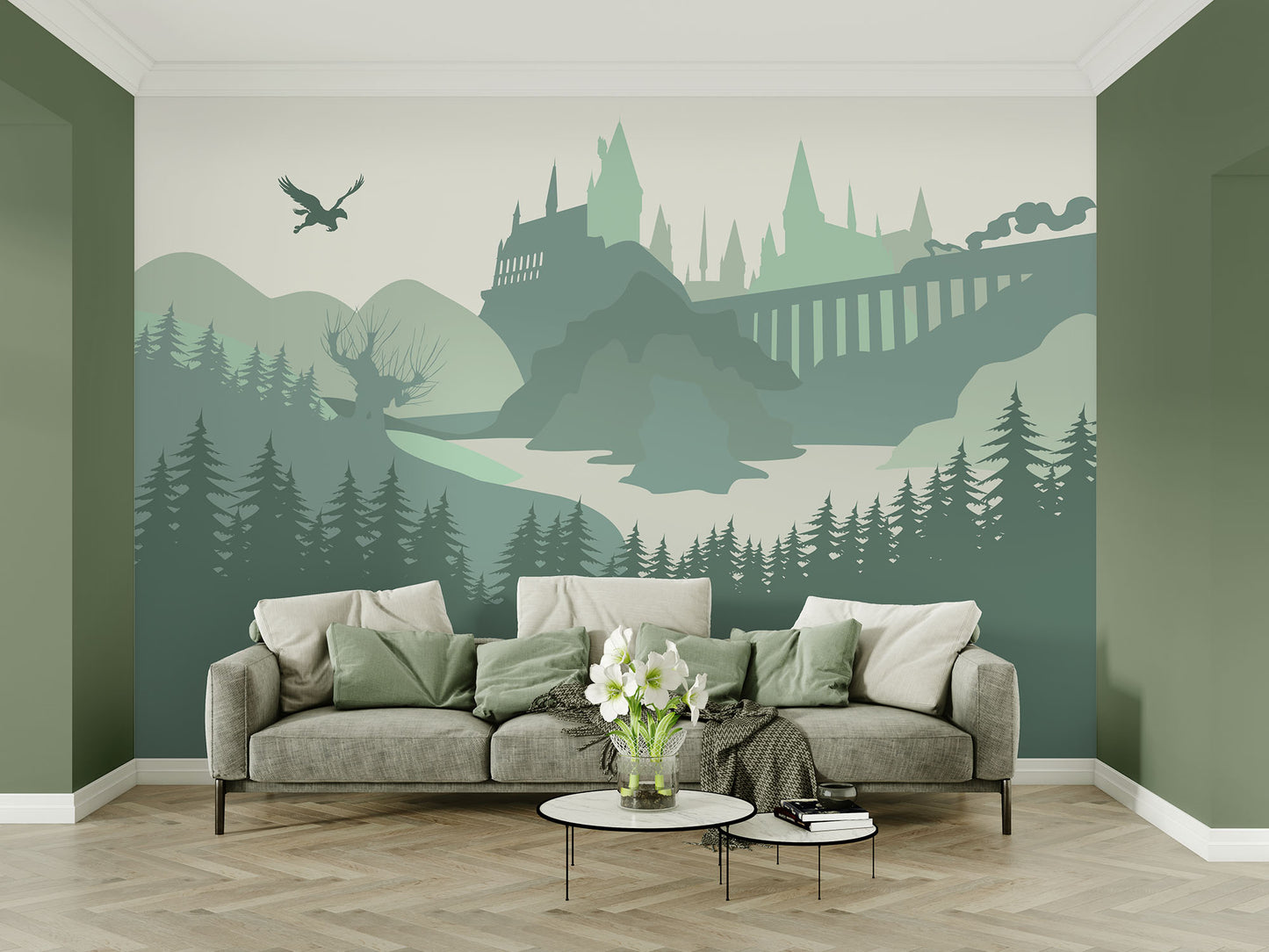 Wizards Castle Wall Mural. Decal, Wallpaper, Tapestry. Aloe Green palette