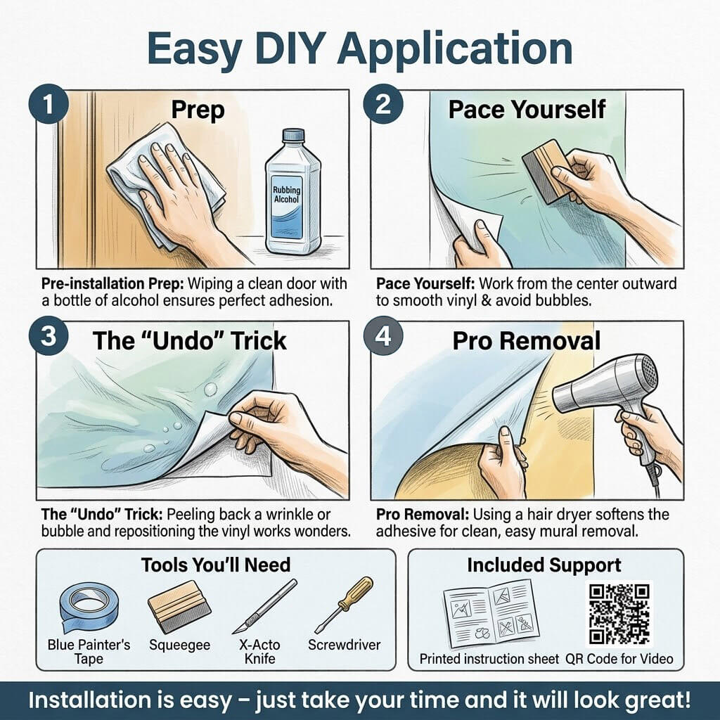 Magic Unicorn, Fantasy Forest, full door sticker mural, self-adhesive, single piece - Infographic - Step-by-step guide for easy DIY application of vinyl, including prep, pacing, undo trick, and pro removal.