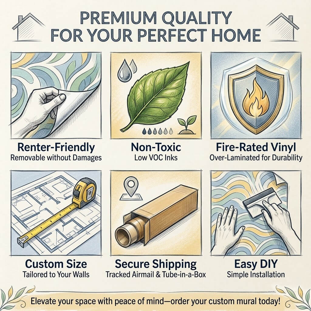 Forest keyhole, Wanderland, fantasy door sticker mural, self-adhesive, single piece - Infographic - Features of premium quality wall murals for a home, including renter-friendly, non-toxic, fire-rated vinyl, custom size, secure shipping, and easy DIY.