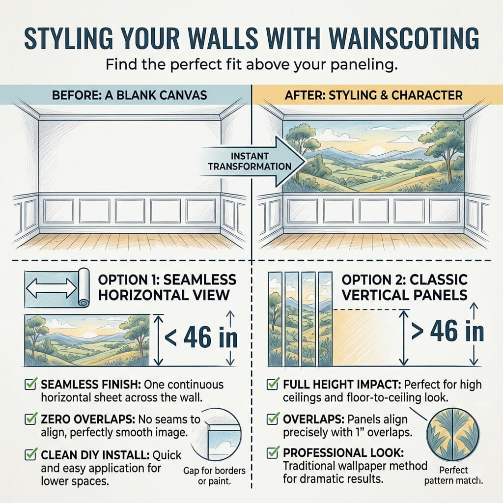 Magic Mushroom | Enchanted Forest | Mystical Landscape Wall Mural, Wallpaper or Tapestry - Infographic - Wallpaper for wainscoting - Features