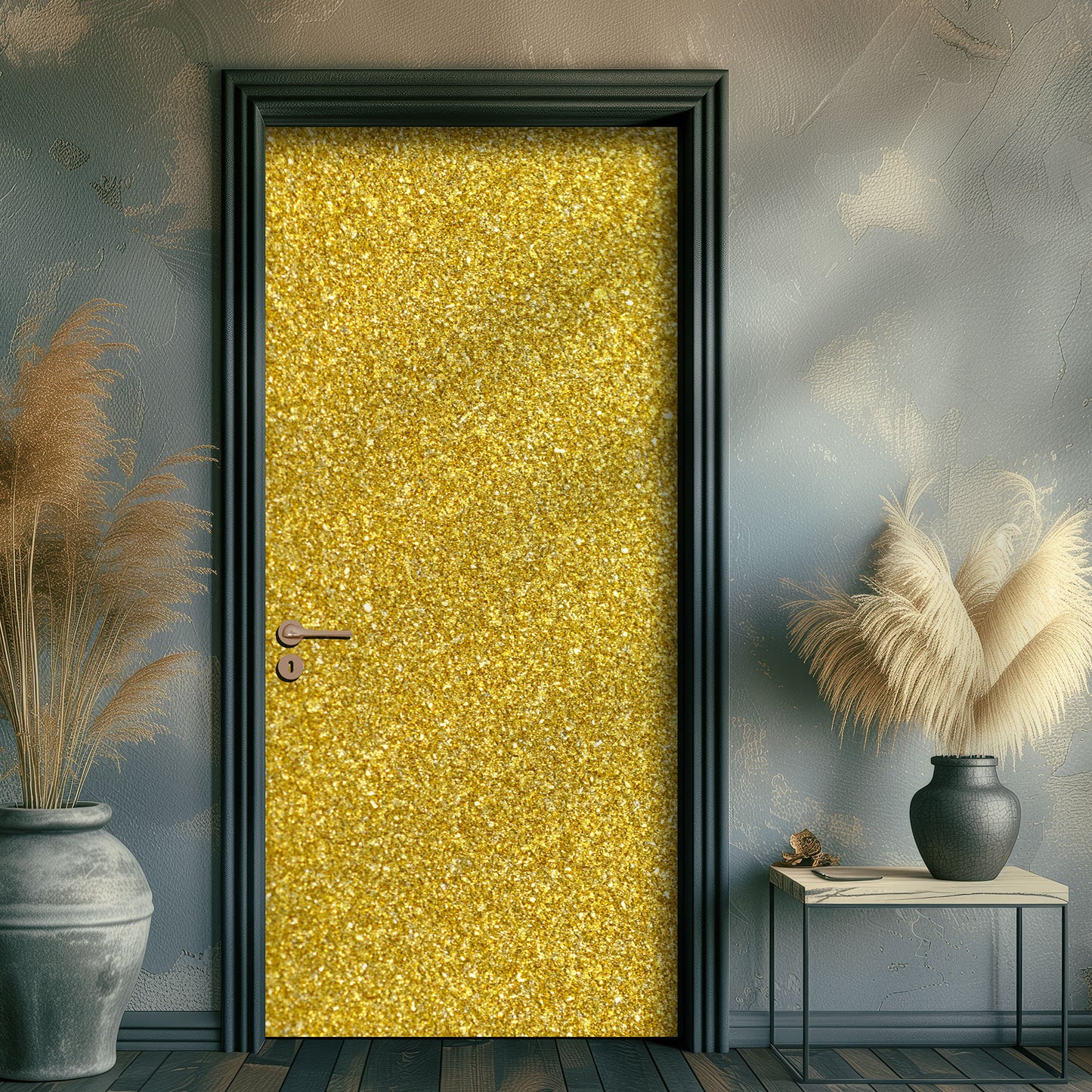 Decorative interior with a golden door sticker