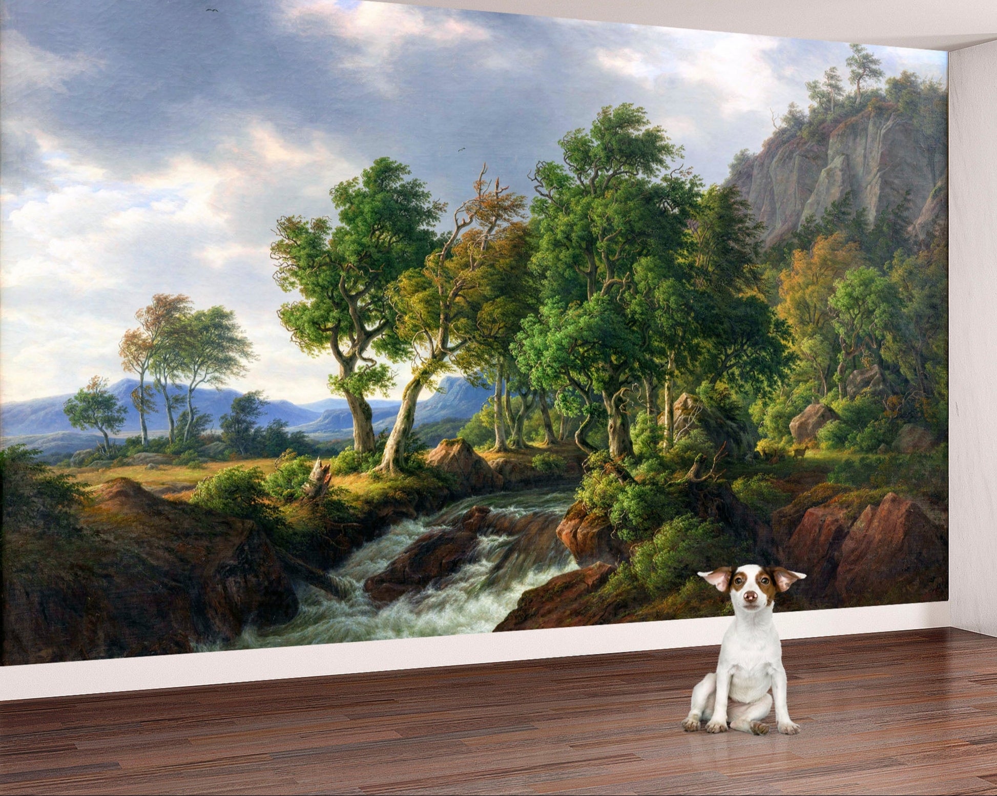 Large wall mural of a scenic landscape with trees and a stream.