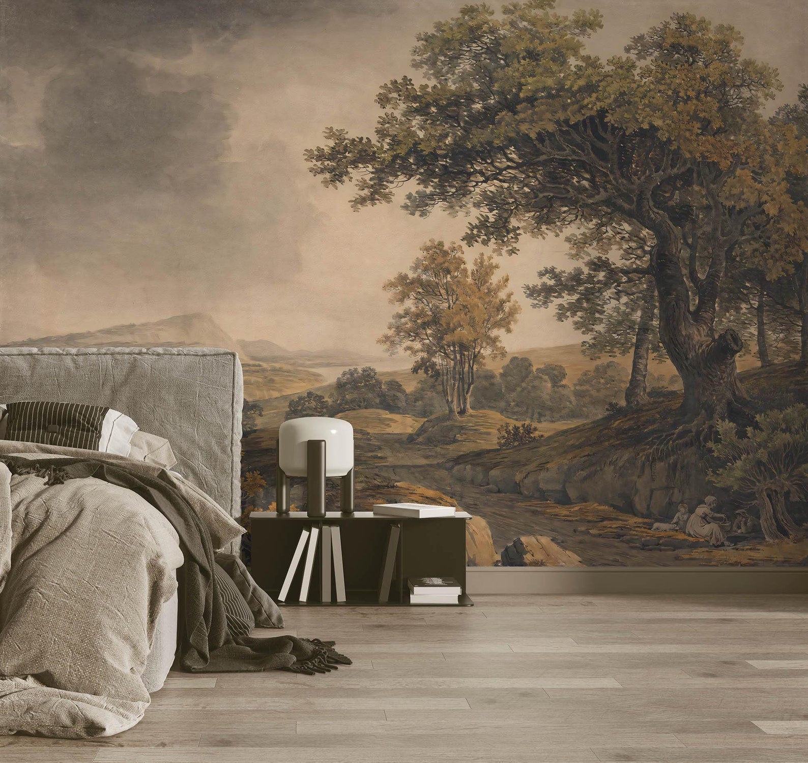 Room interior with a large wall mural of a landscape featuring trees and mountains.