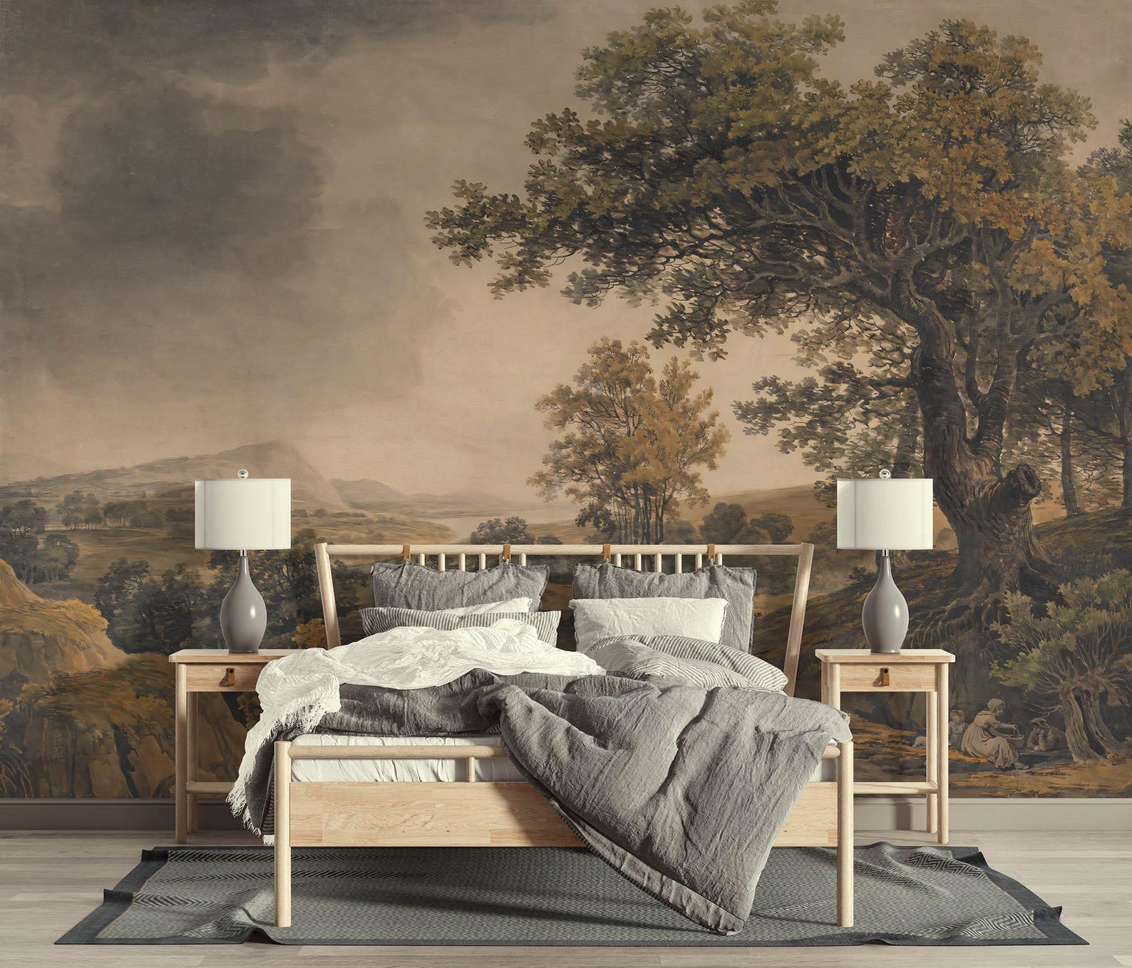 Large classical painting wall mural of a landscape with trees.
