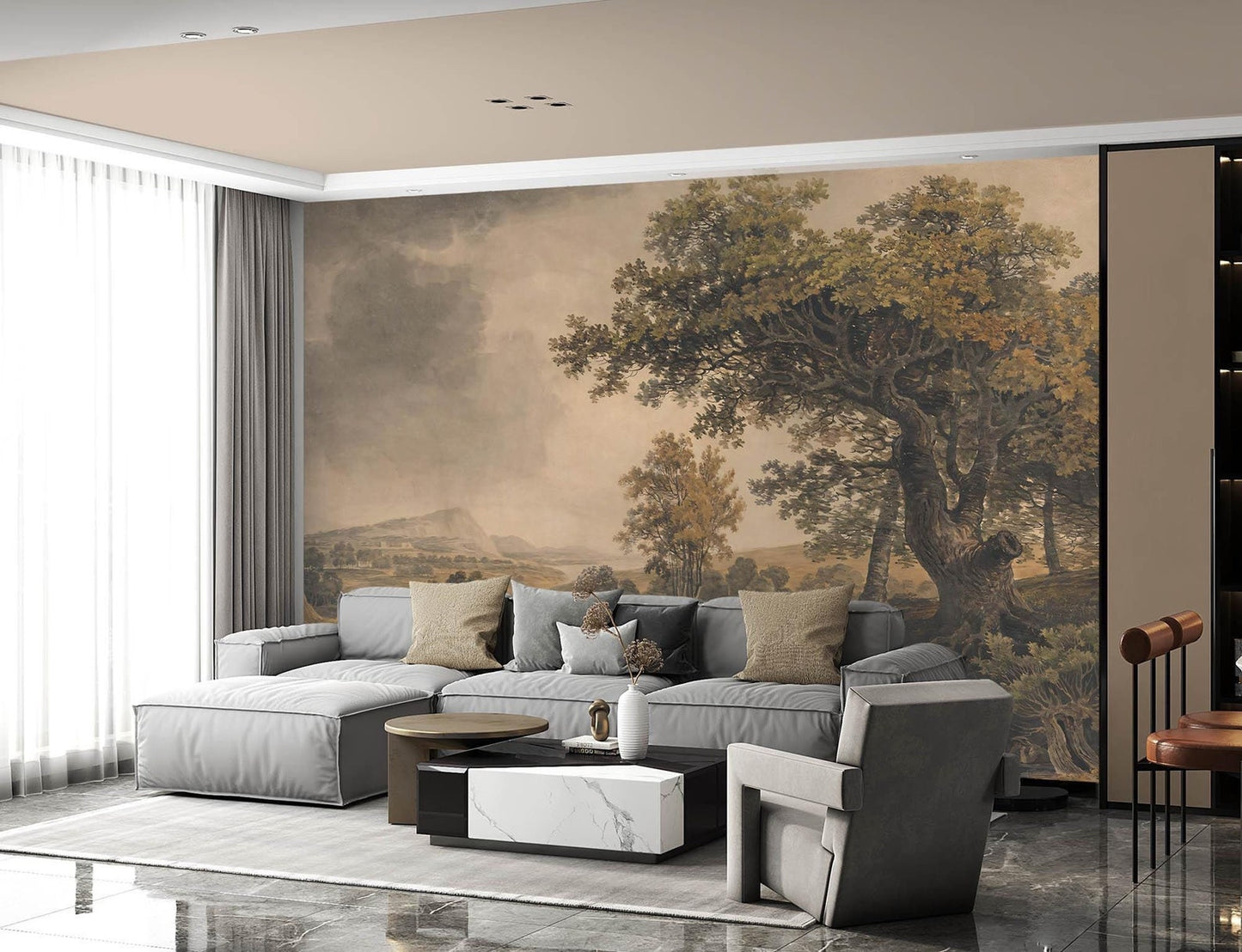 Lrge wall mural of trees and landscape.