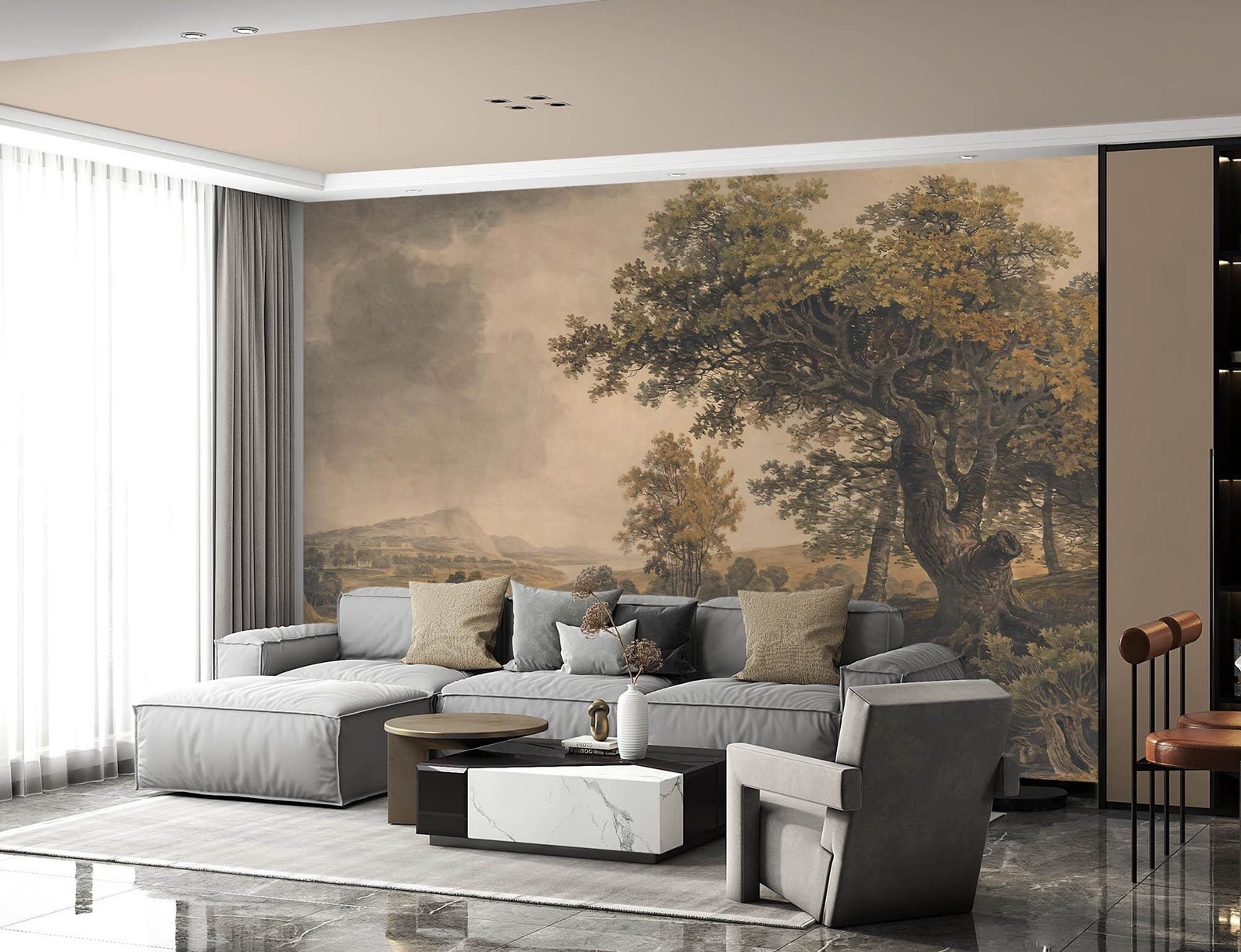 Lrge wall mural of trees and landscape.