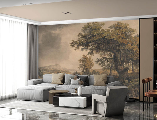 Lrge wall mural of trees and landscape.