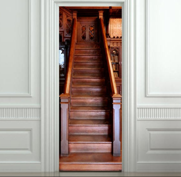 Wooden stairs door mural. Stickers doors 1 piece