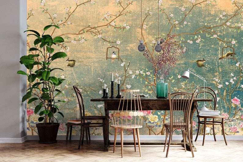 Spring Birds - Dementia friendly wallpaper. Chinoiserie style