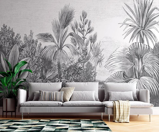 Tropical botanical vintage engraved illustration wallpaper. black and white wall murals