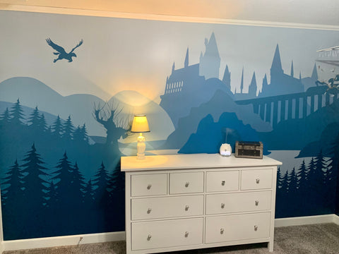 View on the Wizards Castle in the Blue - Self-adhesive Removable Mural, Decal, Wallpaper, Tapestry, Backdrop. Nursery design, custom size