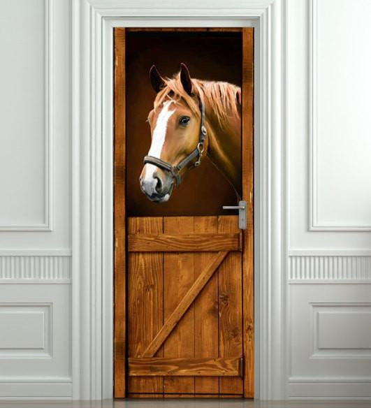 Horse in a barn stable stall, door sticker mural