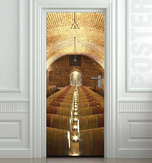 Man cave wall murals. Wine cellar with barrels door cover