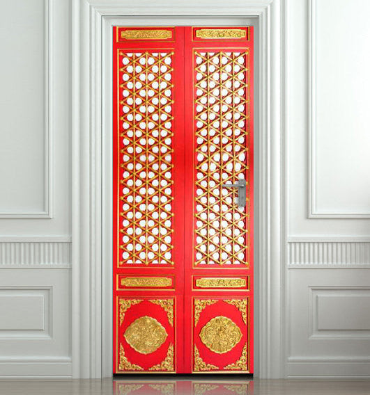 Asian door with ornamental pattern design. Door cover sticker