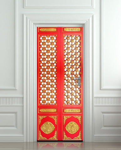Asian door with ornamental pattern design. Door cover sticker