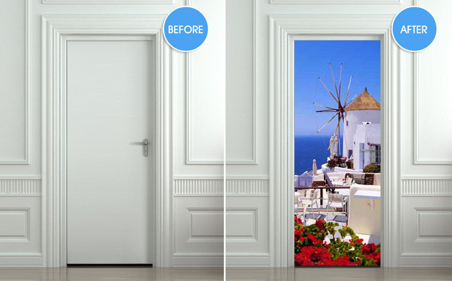 Door STICKER Greek Greeck town mill streets travel mural decole film self-adhesive poster 30"x79"(77x200 cm) - Pulaton stickers and posters
 - 2