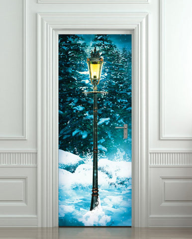 Fantasy lamp post in winter forest, door sticker mural, self-adhesive, single piece
