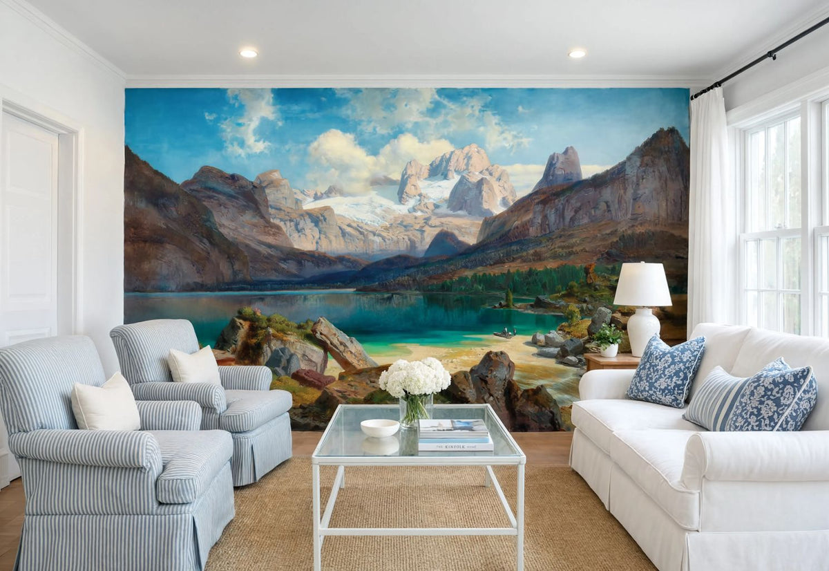 Turquoise Mountain Lake Wallpaper mural printed on premium peel and stick vinyl