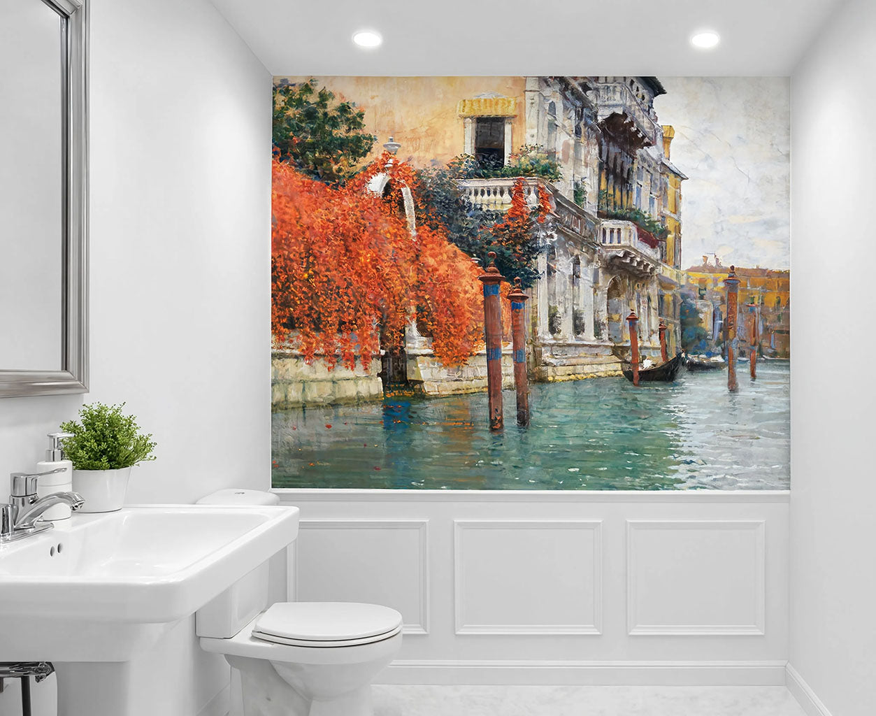 A 19th-century Italian oil painting wall mural by Vincenzo Caprile featuring a Venice canal with turquoise water, wooden poles, and a palazzo with orange ivy.
