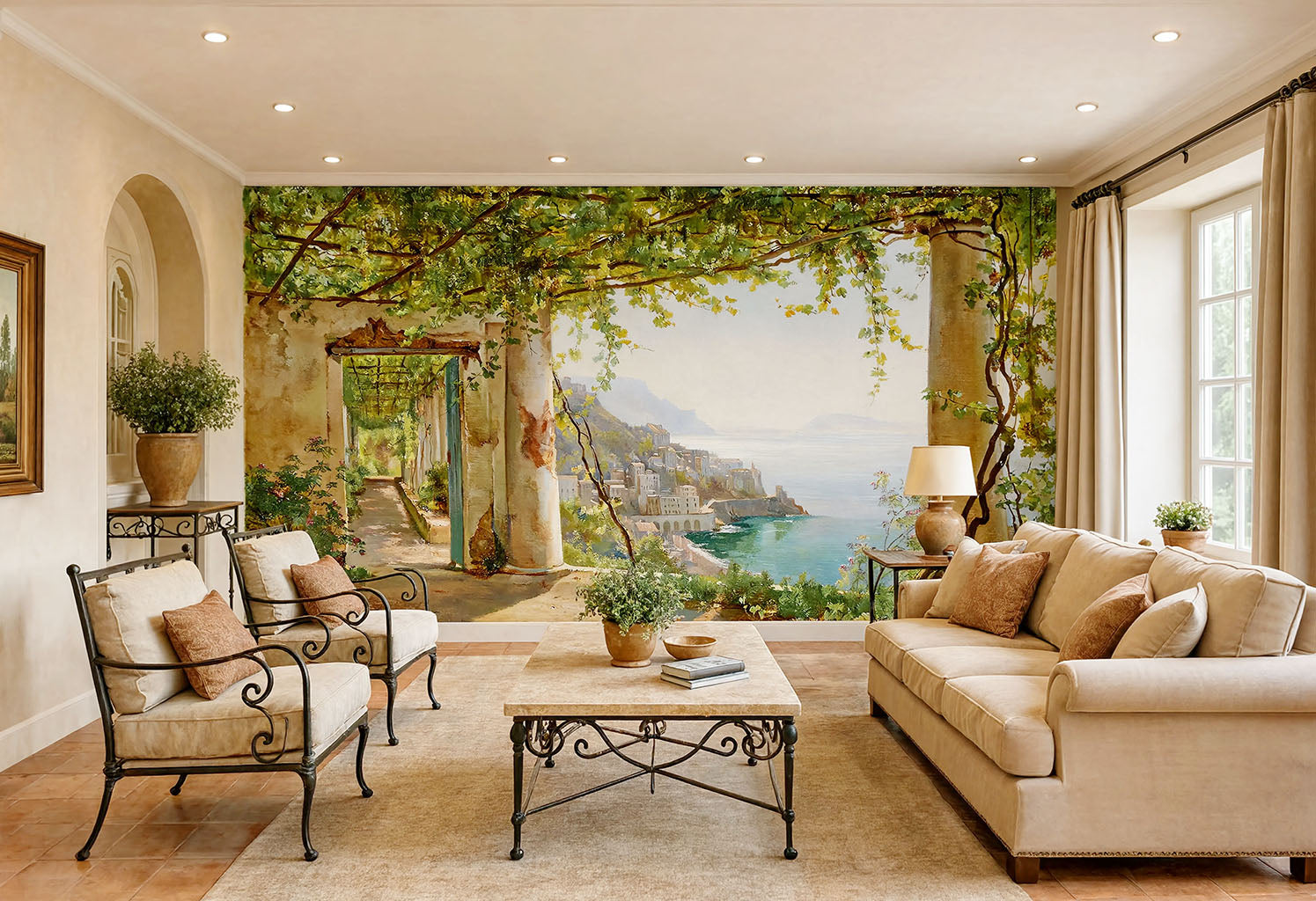 Traditional non-woven vinyl coastal landscape wallpaper displaying a sunny Amalfi archway view in a home foyer.