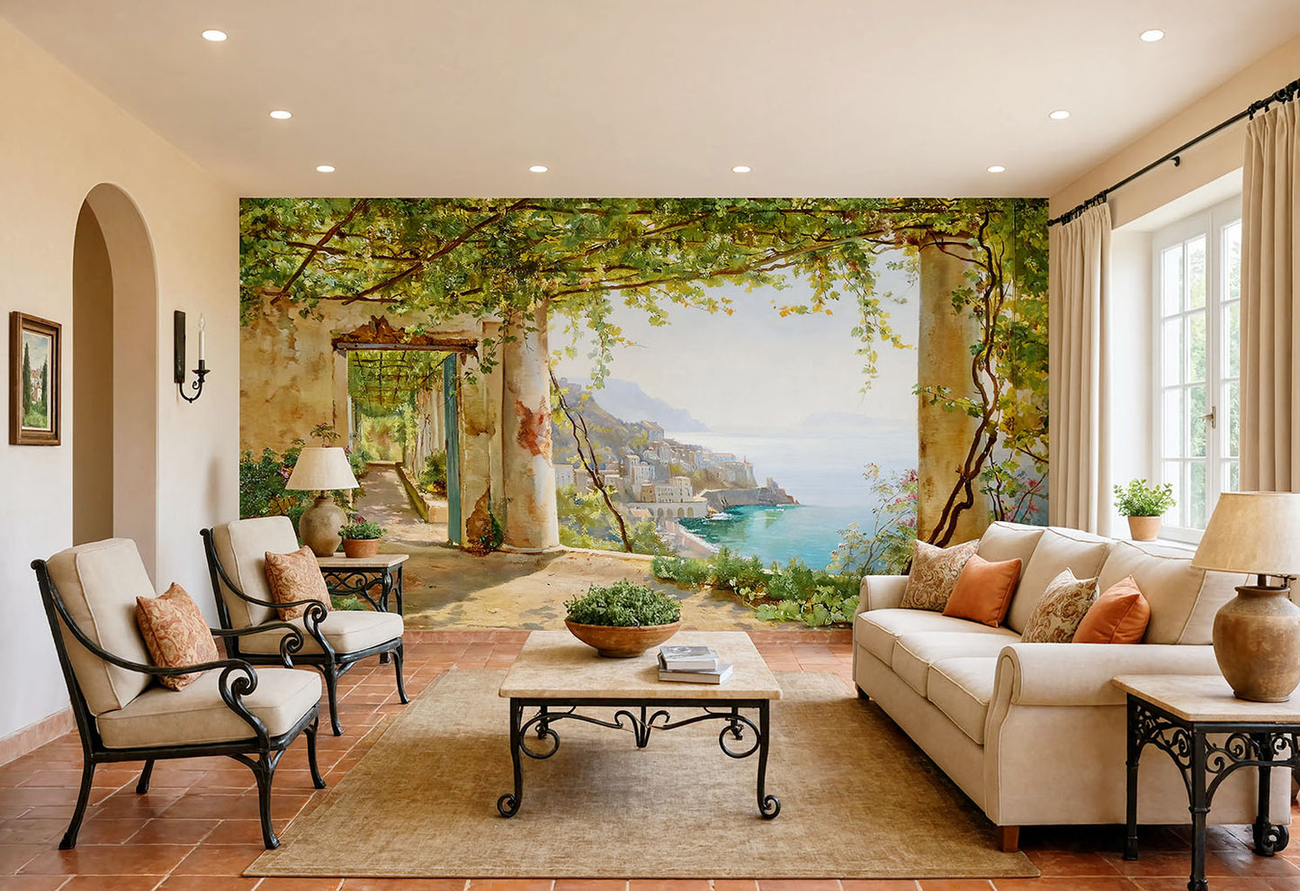 Panoramic Mediterranean terrace wall mural featuring stone columns, grapevine pergola, and coastal sea view.