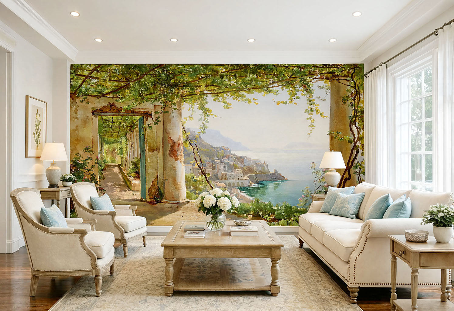 Scenic Italian balcony wallpaper panel with bright ocean waters and distant cliffside village for home decor.