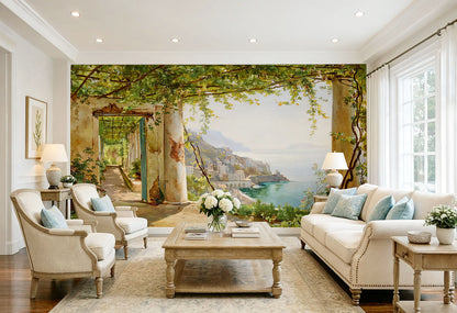 Scenic Italian balcony wallpaper panel with bright ocean waters and distant cliffside village for home decor.
