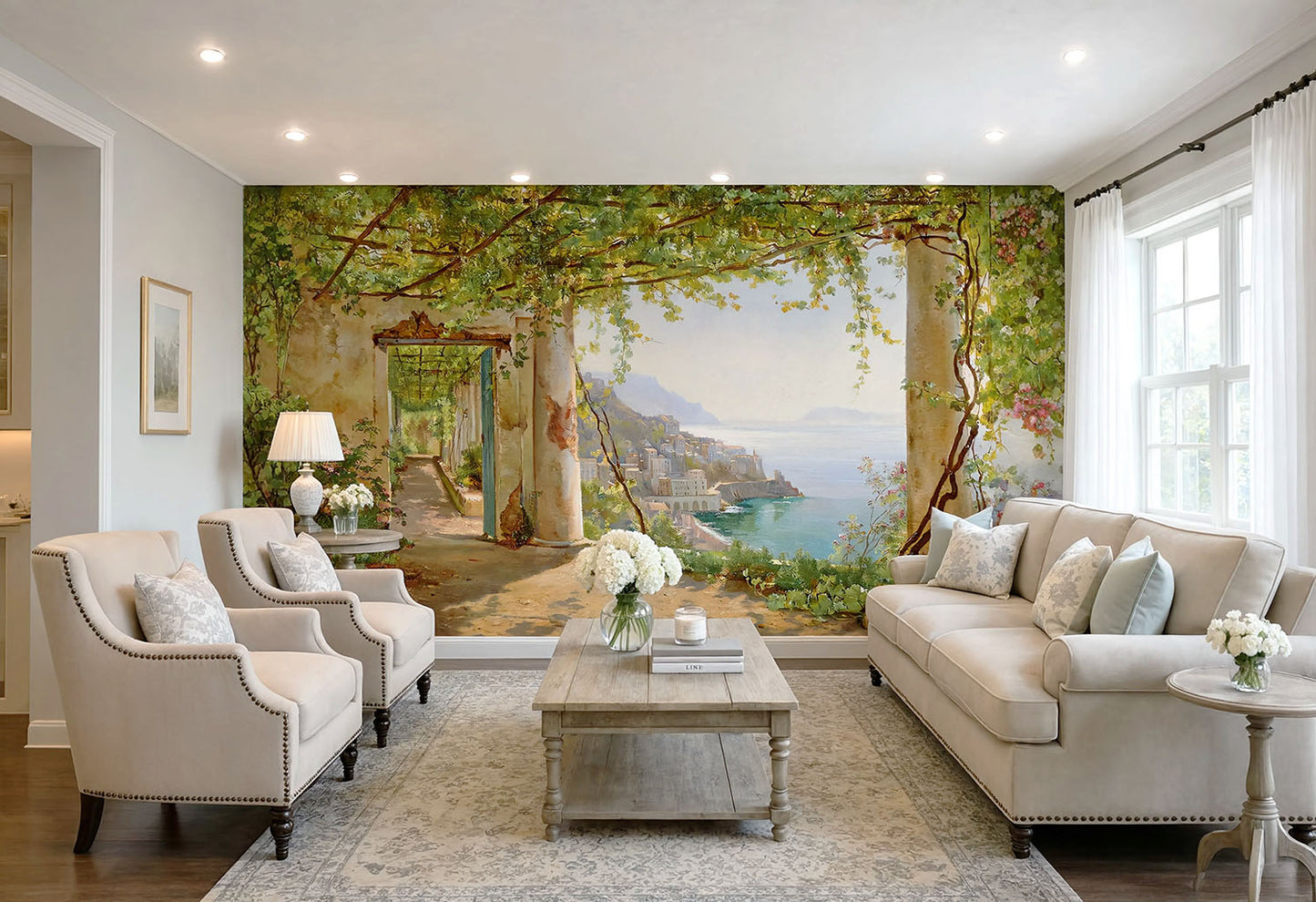 Classic 19th-century Italian seaside landscape wallpaper mural installed on a dining room accent wall.