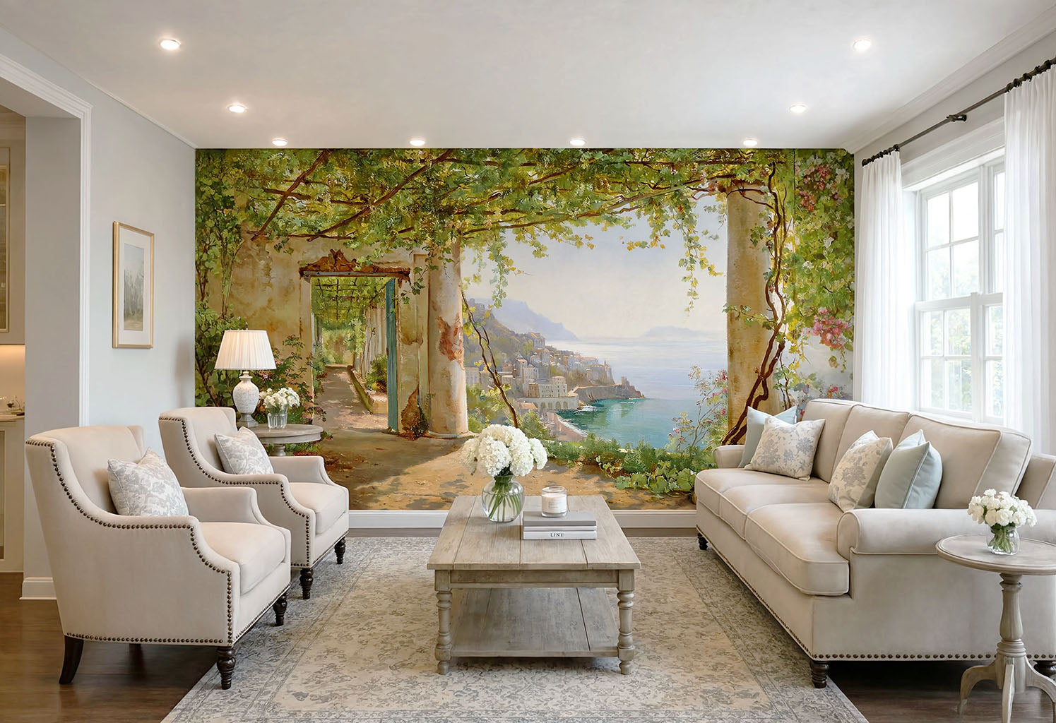 Classic 19th-century Italian seaside landscape wallpaper mural installed on a dining room accent wall.