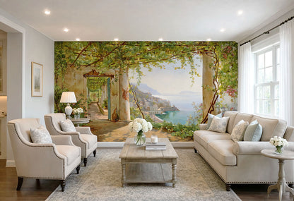Classic 19th-century Italian seaside landscape wallpaper mural installed on a dining room accent wall.