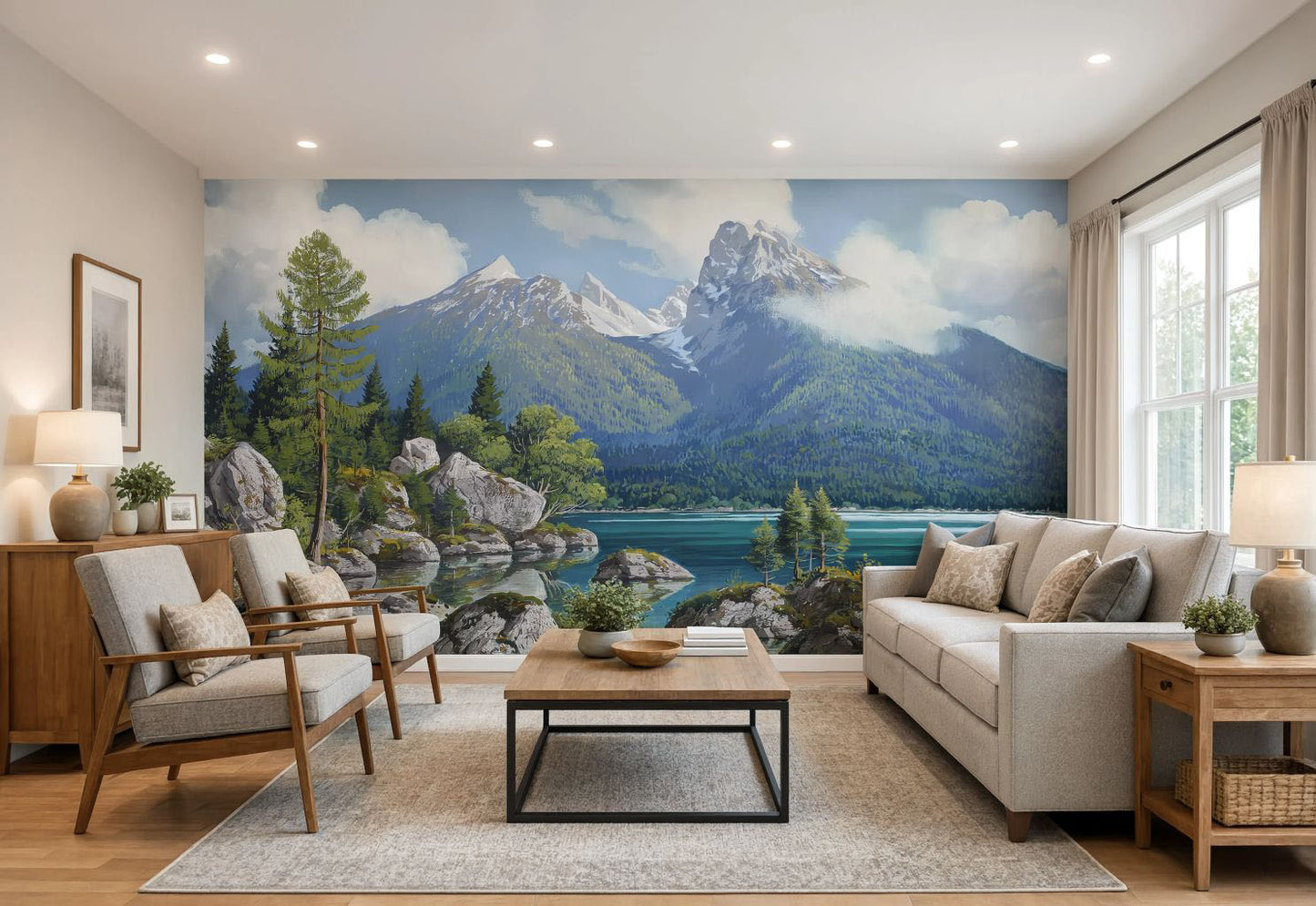 Scenic Mountain Lake Wallpaper printed on self adhesive peel and stick vinyl