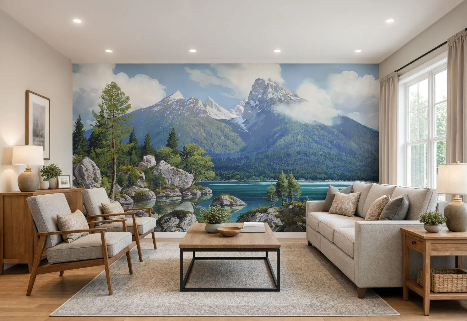 Scenic Mountain Lake Wallpaper printed on self adhesive peel and stick vinyl