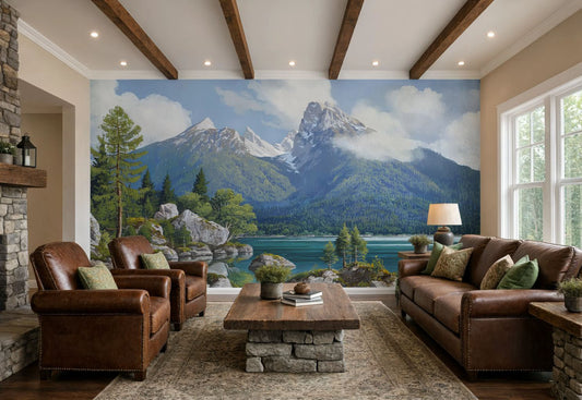 Alpine Lake Mountain Wall Mural featuring emerald turquoise water and pine tree islet